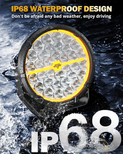 Auxbeam RAY-L Series 9 Inch Round Offroad Light with Amber White DRL 318W 34180LM LED Driving Lights Spot Beam Spotlights Off Road Lighting Pod Lights for Jeep Truck ATV