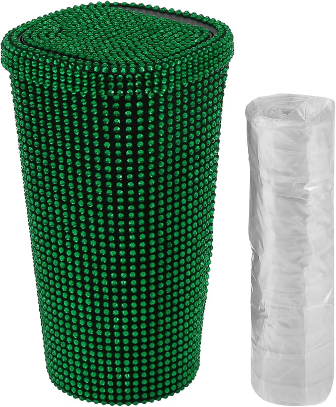 ACROPIX Car Trash Can Trash Bin Rhinestones Portable 3.5" Length 3.5" Width 6.3" Height Green Rhinestone Plastic