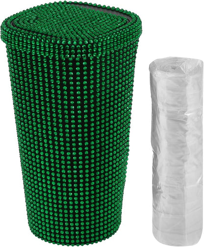 ACROPIX Car Trash Can Trash Bin Rhinestones Portable 3.5" Length 3.5" Width 6.3" Height Green Rhinestone Plastic
