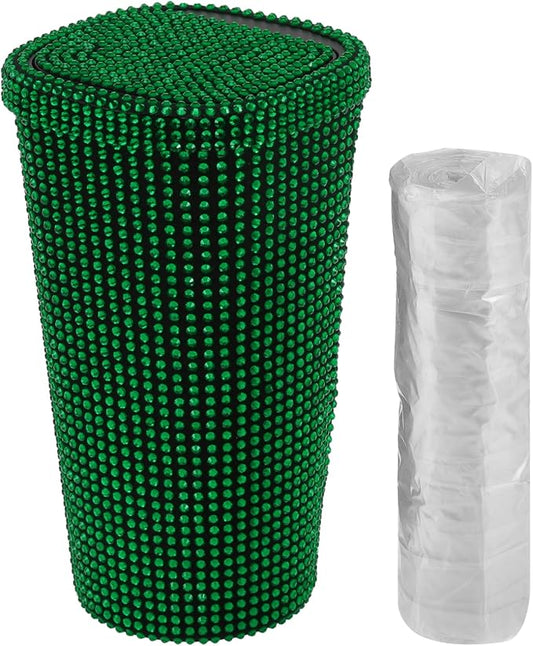 ACROPIX Car Trash Can Trash Bin Rhinestones Portable 3.5" Length 3.5" Width 6.3" Height Green Rhinestone Plastic