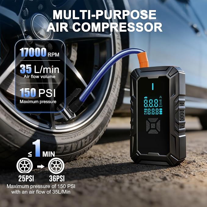 Car Battery Jump Starter with Air Compressor, Portable Jump Pack Fit for 1.5L-9L Gas & Diesel Vehicles (All 12V Batteries Car), Fast Tire Inflation Car Battery Booster Ideal for Men