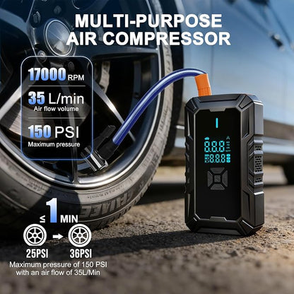 Car Battery Jump Starter with Air Compressor, Portable Jump Pack Fit for 1.5L-9L Gas & Diesel Vehicles (All 12V Batteries Car), Fast Tire Inflation Car Battery Booster Ideal for Men