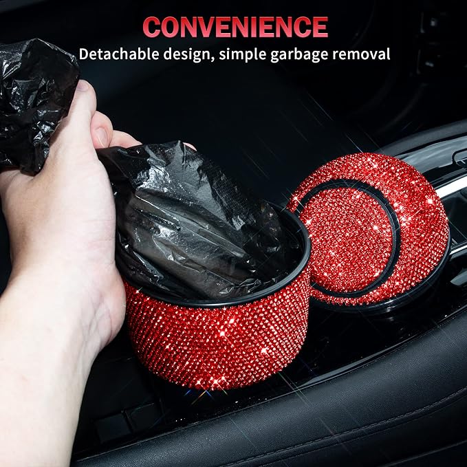 eing Car Trash Can Bling Crystal Auto Mini Trash Bin for Car Office Home Women,Car Cup Holder Garbage Can with Lid and 5 Pack Disposable Garbage Gag, Red