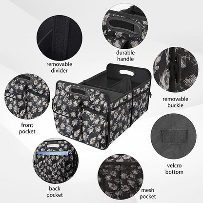 Trunk Organizer, Collapsible Trunk Organizers and Storage, Car Accessories for Women and Men, Multi-Compartment Trunk Storage Organizer for SUV, Car, Mini-Van - Floral