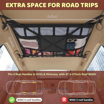 Extra Large Car Ceiling Cargo Net 43.3×27.5 Inch for SUV Minivan Truck Van,Roof Storage Organizer, Overhead Mesh Cargo Holder,Fits Most 4 Handle Vehicles for Road Trip Camping Travel