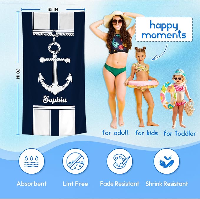 JML Personalized Beach Towel with Name, Custom Anchor Beach Towel, Customized Microfiber Pool Towel, Quick Dry & Absorbent Swim Towel for Adult,Anniversary, Birthday, Summer Holiday,Vacation