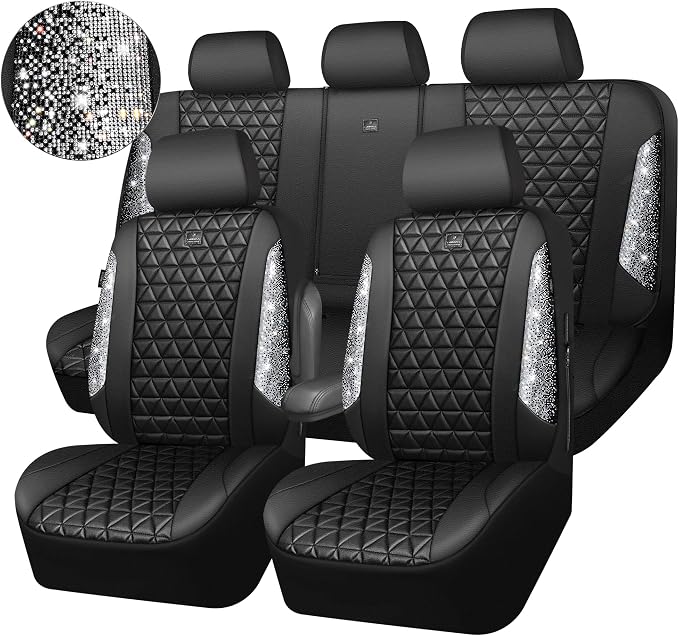 CAR PASS Bling Diamond Leather Car Seat Covers Full Seats Interior Sets, Waterproof Shining Glitter Sparkly Crystal Universal Armrest Fit Automotive Truck SUV Cute Women Girl, Black Silver Rhinestone