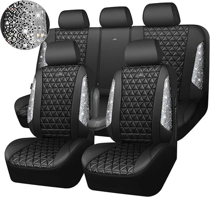 CAR PASS Bling Diamond Leather Car Seat Covers Full Seats Interior Sets, Waterproof Shining Glitter Sparkly Crystal Universal Armrest Fit Automotive Truck SUV Cute Women Girl, Black Silver Rhinestone