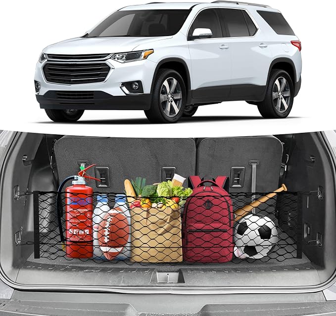 Canvcle Trunk Cargo Net for 2018-2025 2026 Chevrolet/Chevy Traverse Accessories Envelope Style Mesh Trunk Net Organizer and Storage Stretchable Adjustable Elastic Nylon Rear Cargo Netting with Hooks