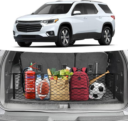 Canvcle Trunk Cargo Net for 2018-2025 2026 Chevrolet/Chevy Traverse Accessories Envelope Style Mesh Trunk Net Organizer and Storage Stretchable Adjustable Elastic Nylon Rear Cargo Netting with Hooks