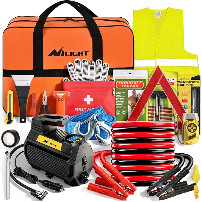 Nilight Car Emergency Kit with Jumper Cable, First Aid Kit Safety Assistance Tools for Travel Camping Outdoor Cars Truck SUV RV, Roadside Essentials with Flash Light
