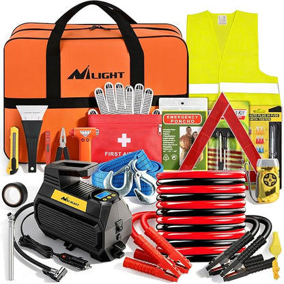 Nilight Car Emergency Kit with Jumper Cable, First Aid Kit Safety Assistance Tools for Travel Camping Outdoor Cars Truck SUV RV, Roadside Essentials with Flash Light