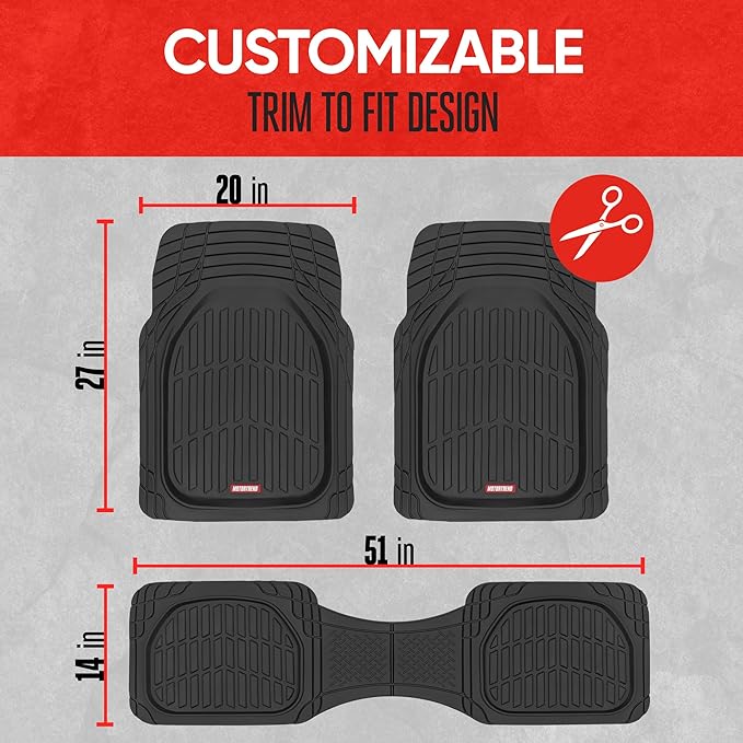 Motor Trend Original FlexTough Black Rubber Car Floor Mats for 3 Row Vehicles, Front & Rear 2nd Row Deep Dish All Weather Automotive Heavy Duty Trim to Fit, Automotive Liners for Cars Truck Van SUV