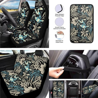 13 PCS Boho Sea Turtle Car Interior Accessories, Hawaiian Hibiscus Palm Front Rear Seat Full Set, Island Tropical Plant Tortoise Seat Belt Pad Universal Fit Most Car