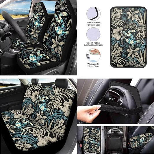 13 PCS Boho Sea Turtle Car Interior Accessories, Hawaiian Hibiscus Palm Front Rear Seat Full Set, Island Tropical Plant Tortoise Seat Belt Pad Universal Fit Most Car