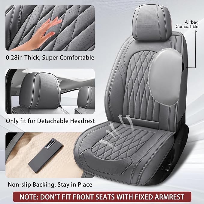 WELLDO Nappa Faux Leather Car Seat Covers Full Set, Gray | Waterproof, Non-Slip Seat Protector, 0.28in Thickened Cushion, Airbag Compatible, Universal for Cars SUV Truck Pickup