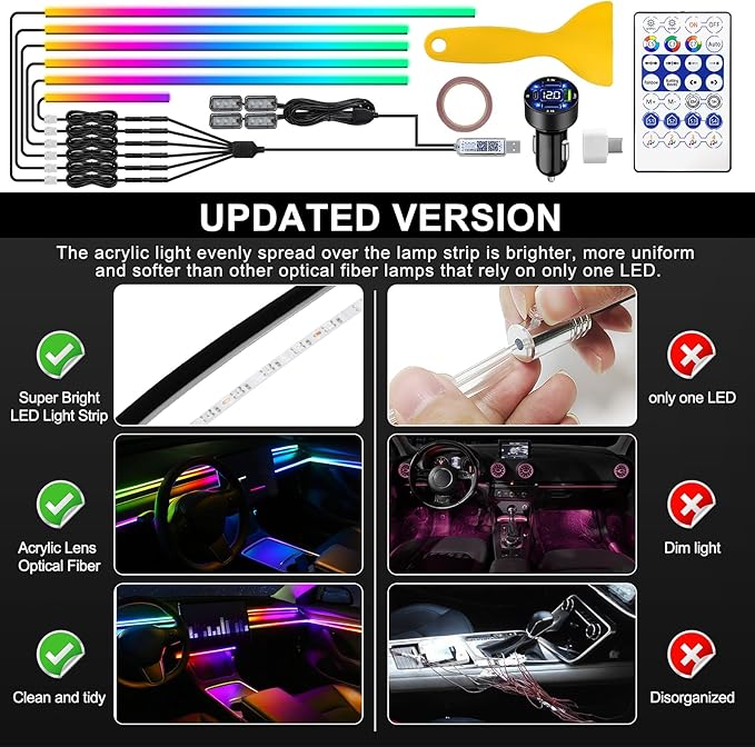Dreamcolor Acrylic Interior Car LED Strip Light with USB/Type C/4-Port USB Cigarette Lighter,RGB 10 in 1 with 175 inches 650 LEDs Ambient Lighting Kits, Sound Active Function Neon Led Strips for Car