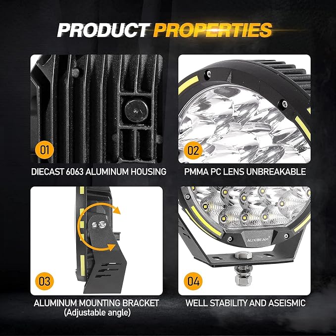 Auxbeam Round Off Road Light, 360-PRO Series 9 Inch LED Driving Light Bar 270W 37776LM Spot Flood Combo Spotlights Offroad Lighting Pod Lights for Truck Jeep ATV, 2 Years Warranty
