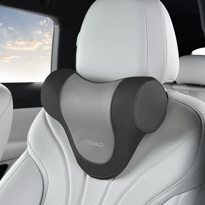 Coverado Car Headrest Pillow, Ergonomic Memory Foam Car Neck Pillow for Driving Seat with Adjustable Strap, Soft PU Leather Breathable Removable Cover Neck Support for Neck Pain Relief
