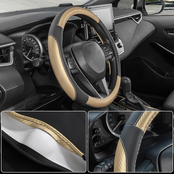 SEG Direct Steering Wheel Cover for Car, Standard Size 14.5-15 inch, Auto Interior Accessories, Black with Golden Carbon Fiber Pattern