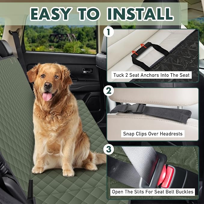 NECKORY Backseat Cover for Dogs, Waterproof and Non-Slip Pet Bench Seat Covers, Car Seat Protector for Back Seat, Universal Size Rear Car Seat Cover Fits Cars, Trucks and SUVs, L-Army Green&Grey