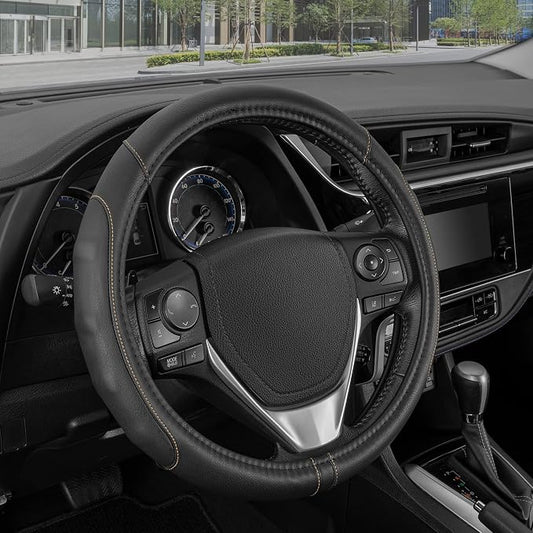 Motor Trend GripDrive Faux Black Leather Steering Wheel Cover for Car Truck Van SUV, Small 14 inch Size, Beige Accent Stitched Car Steering Wheel Cover Vehicle & Auto Accessories