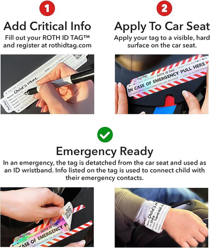 Emergency Contact Identification System for Car Seats, Booster Seats, Baby Gear | Mega ROTH ID TAG Kit (10 Tags)