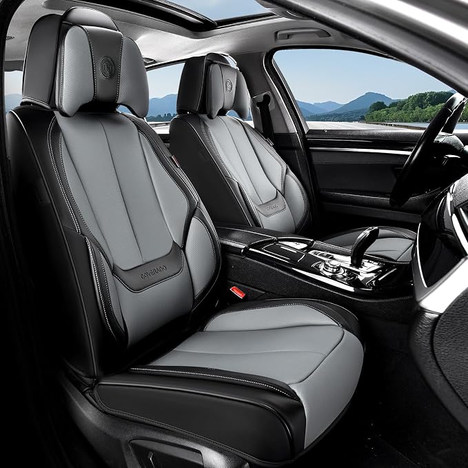 Coverado Seat Covers, Car Seat Covers Front Seats, Car Seat Cover, Car Seat Protector Waterproof, Seat Cushion Nappa Leather with Head Pillow, Carseat Cover Universal Fit for Most Cars (Black&Gray)