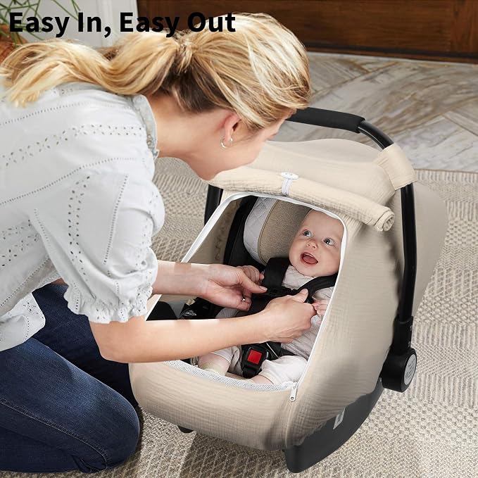 Rquite Car Seat Cover Baby, Carseat Covers Girl Boy, Breathable Muslin Cotton, Large Mesh Window, Infant Car Seat Canopy Baby Carrier Cover Stroller Sun Shade for Summer & Hot Day, Beige