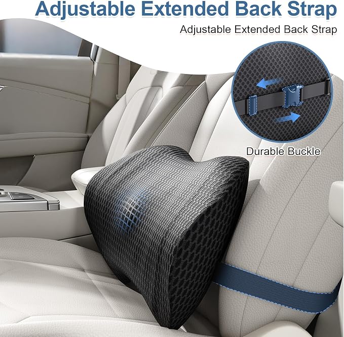 Lumbar Support Pillow for Car, Ergonomic Back Cushion with Strap, Memory Foam Lower Back Support Cushion for Driving, Lumbar Pillow for Pain Relief, for Office Chair, Long Sitting (Black 4D Mesh)