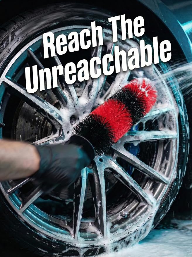 TAKAVU Master Wheel Tire Brush, Easy Reach Wheel and Rim Detailing Brush Long Soft Bristle, Car Tire Brush, Wheel Scrub Brush, Multipurpose use for Wheels Rims Exhaust Tips Motorcycles (Red)