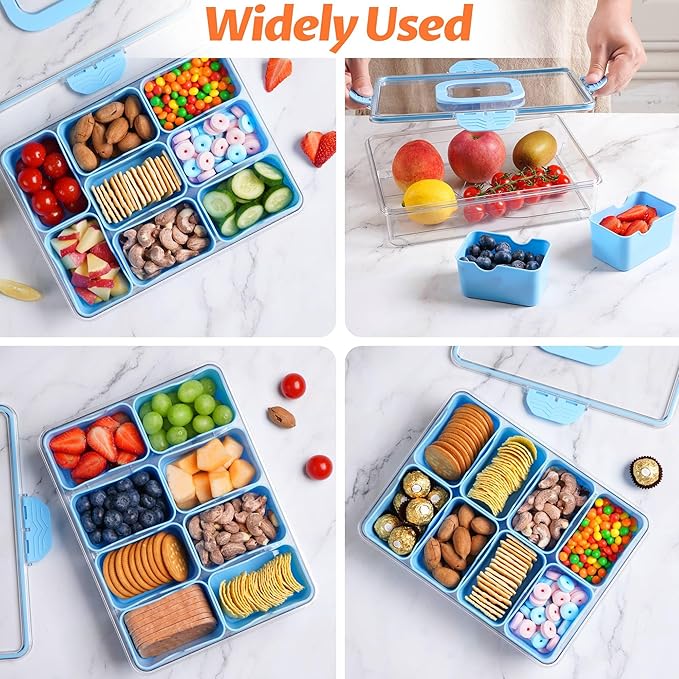Snackle Box Container, Dishwasher Safety - Divided Serving Tray with Lid and Handle, Charcuterie Board for Portable Snack Platters - Organizer for Fruits Snacks - Perfect for Road Travel - Light blue