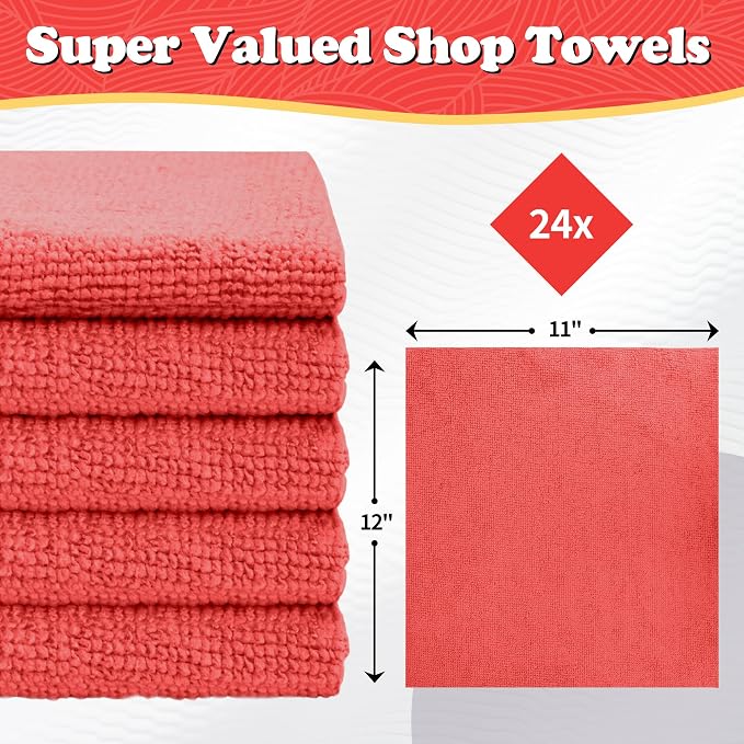 FIXSMITH Microfiber Cleaning Cloth, Shop Towels Bulk, 24 Pack Red Microfiber Towels for Cars, All-Purpose Absorbent Cleaning Rags, Dust Cloth for Automotive, Mechanic, Garage, Bar, 12 x 11 inch