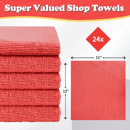 FIXSMITH Microfiber Cleaning Cloth, Shop Towels Bulk, 24 Pack Red Microfiber Towels for Cars, All-Purpose Absorbent Cleaning Rags, Dust Cloth for Automotive, Mechanic, Garage, Bar, 12 x 11 inch