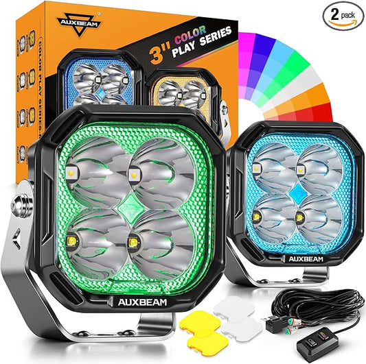 Auxbeam Color Play Series RGB Ditch Light Pods, 3-Inch Multicolor RGBW Offroad Spot Light Bar, 116W 12960 Lumen Color Changing Backlight 7 Color Gradient Cycle A-Pillar Fog Lights, 2-Pack