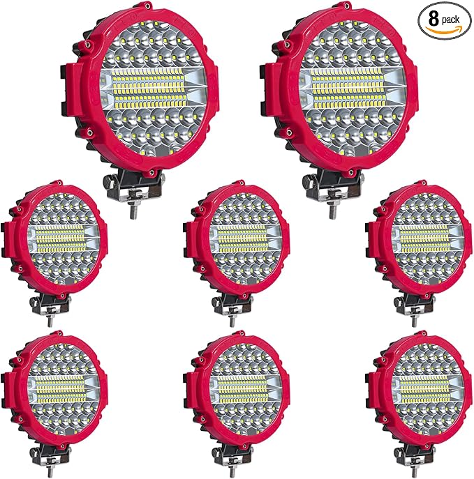 8 Pcs 201W Led Light, 7 Inch Round Led Light Bar Off Road Auxiliary Driving Lights Pod Lights for Vehicle Accessories Pickup Trucks Snowmobile RV ATV UTV, Red