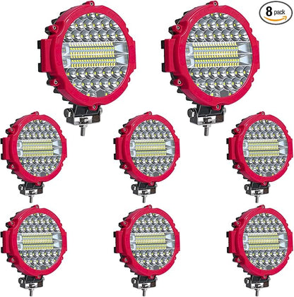 8 Pcs 201W Led Light, 7 Inch Round Led Light Bar Off Road Auxiliary Driving Lights Pod Lights for Vehicle Accessories Pickup Trucks Snowmobile RV ATV UTV, Red
