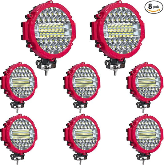8 Pcs 201W Led Light, 7 Inch Round Led Light Bar Off Road Auxiliary Driving Lights Pod Lights for Vehicle Accessories Pickup Trucks Snowmobile RV ATV UTV, Red