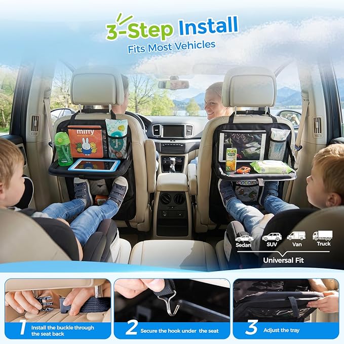 Tsumbay Backseat Car Organizer with Foldable Tray, 9 Pockets, Kick Mat Seat Protector, 18KG Capacity, Waterproof Oxford Fabric for Kids, Family Travel - for Car, SUV, Van (Oxford-2Pck)