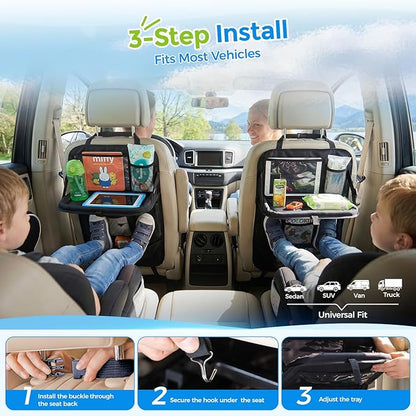 Tsumbay Backseat Car Organizer with Foldable Tray, 9 Pockets, Kick Mat Seat Protector, 18KG Capacity, Waterproof Oxford Fabric for Kids, Family Travel - for Car, SUV, Van (Oxford-2Pck)