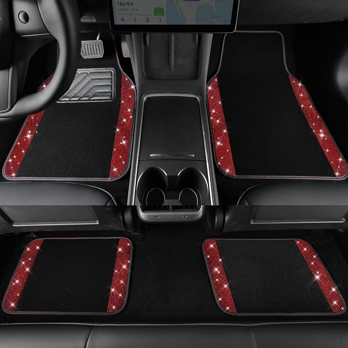 CAR PASS 11 PCS Bling Diamond Car Mats Set for Women Girls, Sparkly Rhinestone Steering Wheel Cover, Waterproof Floor Mats Universal Fit for SUV,Vans,Sedans,Trucks Anti-Slip, Interior Sets Black Red