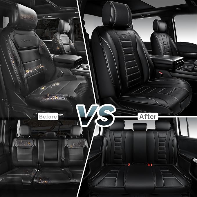 CAR PASS Universal Fit Piping Leather Seat Covers for Cars SUV Trucks, Waterproof Nappa Leather Car Seat Covers Full Set, 3D Foam Cushions Seat Cover Luxury&Comfort&Durable Airbag Compatible, Black
