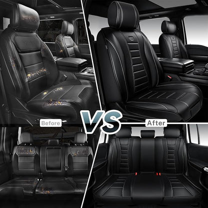 CAR PASS Universal Fit Piping Leather Seat Covers for Cars SUV Trucks, Waterproof Nappa Leather Car Seat Covers Full Set, 3D Foam Cushions Seat Cover Luxury&Comfort&Durable Airbag Compatible, Black