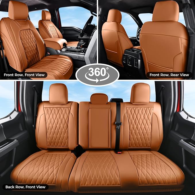 Coverado Premium Leather Full Set Seat Covers Waterproof Heavy-Duty Protectors Custom Fit for Ford F150 (2015-2026) F250/F350/F450 (2017-2026)-Orange, Stain-Resistant