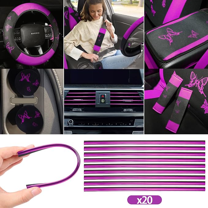 BBTO 43 Pcs Butterfly Car Seat Full Set Butterfly Car Accessories for Women 5 Front Rear Seat Covers Wrist Strap 2 Pcs Cup Mat Armrest Pad 2 Belt Xmas Cover Accessories for SUV(Purple, Black)