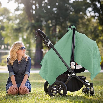Metplus Muslin Car Seat Cover for Babies, 100% Cotton Breathable Infant Carseat Canopy for Summer, Lightweight Stroller Sunshade Covers for Newborns(Moss Green)