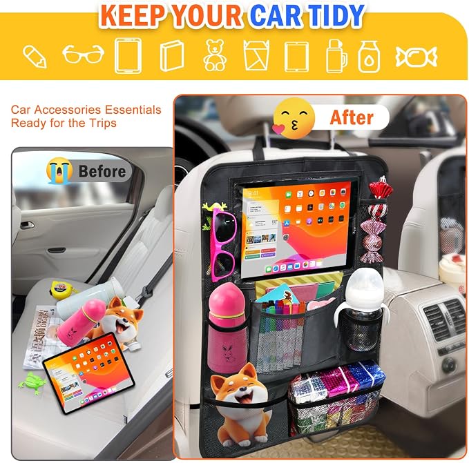 Backseat Organizer for Car, 2 PCS Seat Back Cover for Kids Toddlers with 10 Storage Pockets & 11″ Tablet Holder, Waterproof Back Seat Protector for Snacks Toys, Travel Accessories