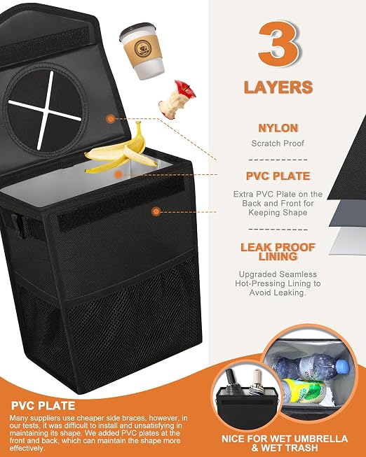 Pritent Car Trash Can with Lid, Cute Leakproof Car Trash Garbage Bag Hanging Vehicle Trash Bin Small Portable Automotive Garbage Cans Organizer for Back/Front Seat(4 Gallons,Black)