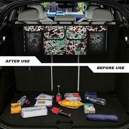 Hanging Car Back Seat Organizer Mint Black Brown Cow Spots Car Backseat Trunk Organizer for Grocery Cargo Storage Bag