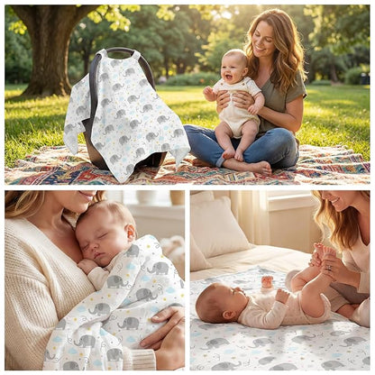 Baby Car Seat Cover - 100% Muslin Cotton Universal Breathable Canopies for Boys and Girls Soft Spring Summer Car Seat Cover Lightweight Infant Car Seat Canopy - Gray Elephants